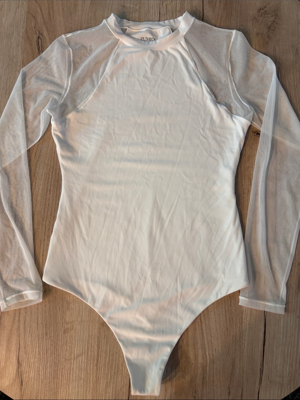 Pumiey White Mesh Long Sleeve Bodysuit Sheer Sleeve Stretch Top Size Small